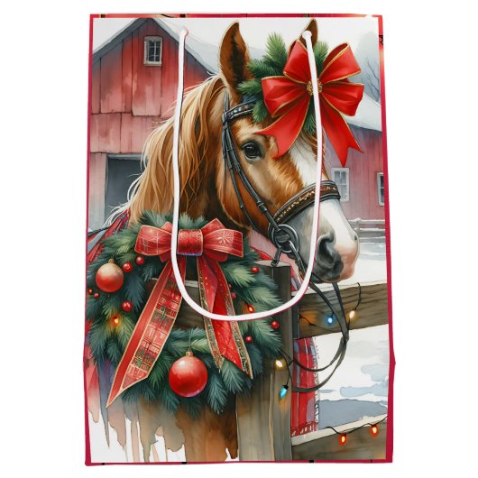 赤いかわいらし弓のクリスマスに茶色の馬 ミディアムペーパーバッグ (裏面)