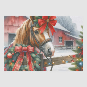 赤いかわいらし弓のクリスマスに茶色の馬 薄葉紙