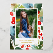 赤いかわいらし水の色の果実クリスマスフォト 箔シーズンカード (正面)