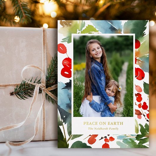 赤いかわいらし水の色の果実クリスマスフォト 箔シーズンカード