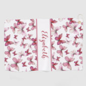 赤いかわいらし蝶と名前をカスタムする ゴルフタオル (横)