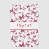 赤いかわいらし蝶と名前をカスタムする ゴルフタオル (正面)