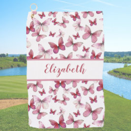 赤いかわいらし蝶と名前をカスタムする ゴルフタオル