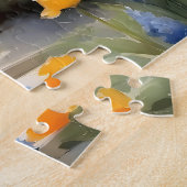 赤いかわいらし黄色のバラの青い花を持つ庭 ジグソーパズル (側面)