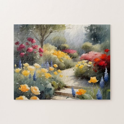 赤いかわいらし黄色のバラの青い花を持つ庭 ジグソーパズル (横)