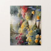 赤いかわいらし黄色のバラの青い花を持つ庭 ジグソーパズル (縦)