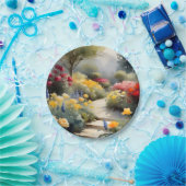 赤いかわいらし黄色のバラの青い花を持つ庭 ペーパープレート (パーティー)