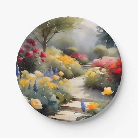 赤いかわいらし黄色のバラの青い花を持つ庭 ペーパープレート (正面)
