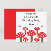 赤いきのこかわいい植物パターン誕生日パーティー 招待状 (正面/裏面)