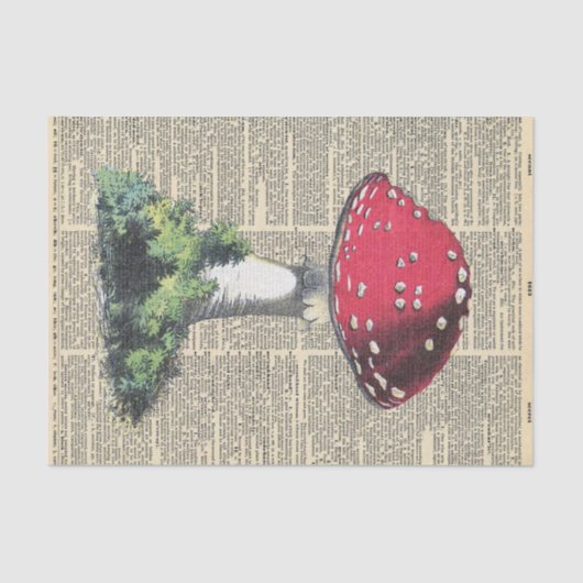 赤いきのこがデコパージュされたヴィンテージ新聞 薄葉紙 (正面)