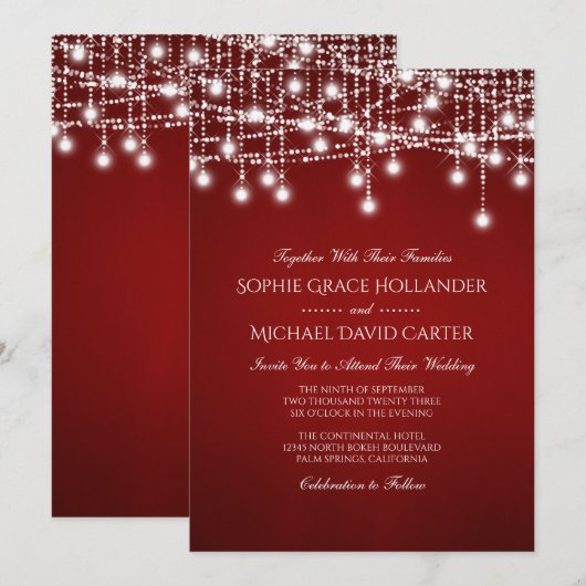 赤いきらきらストリングライトのホワイト 招待状 (正面/裏面)
