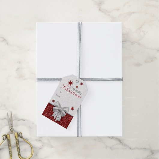 赤いきらびやかな雪 ギフトタグ (より糸付き)