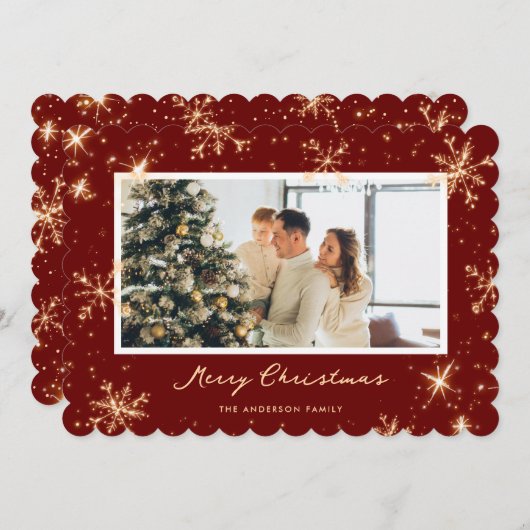 赤いきらめくスノーフレーク写真メリークリスマスカード シーズンカード (正面/裏面)