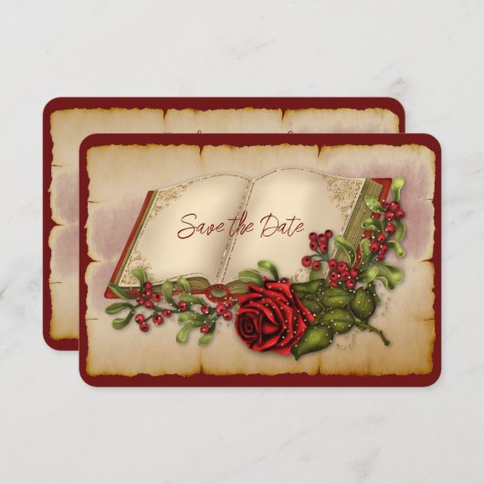 赤いきらめくバラの金ゴールド色のバイブル・ページ セーブザデート (正面/裏面)