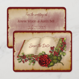 赤いきらめくバラの金ゴールド色のバイブル・ページ セーブザデート