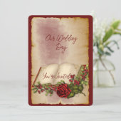 赤いきらめくバラの金ゴールド色のバイブル・ページ 招待状 (スタンド正面)