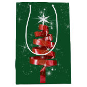 赤いきらめくリボンクリスマスツリー ミディアムペーパーバッグ (正面)