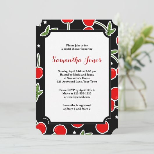 赤いさくらんぼおよび星のレトロによって型抜きされるブライダルシャワー 招待状 (スタンド正面)