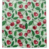 赤いさくらんぼが薄緑のギンガムに シャワーカーテン (正面)