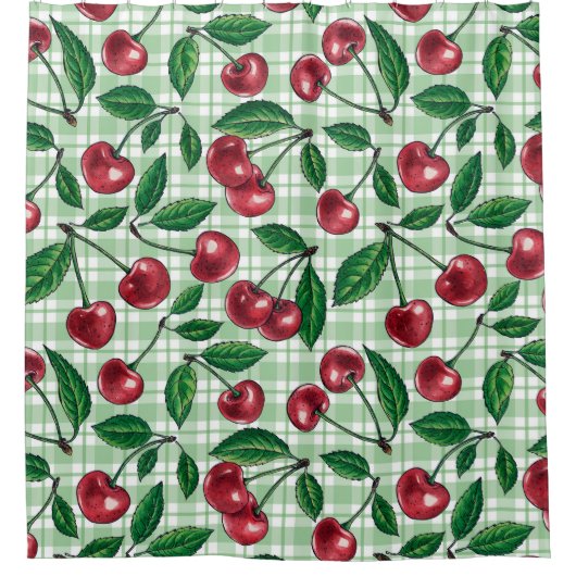赤いさくらんぼが薄緑のギンガムに シャワーカーテン (正面)