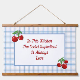 赤いさくらんぼが青いチェックキッチン 吊り下げ型タペストリー