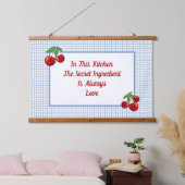 赤いさくらんぼが青いチェックキッチン 吊り下げ型タペストリー (寝室)