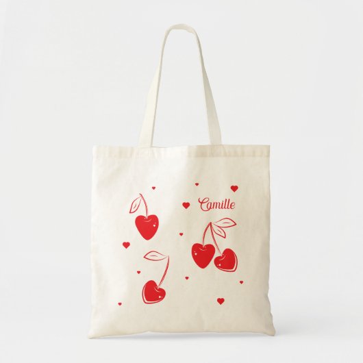 赤いさくらんぼのハートお洒落かわいい図形名 トートバッグ (正面)