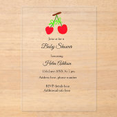 赤いさくらんぼの緑の弓を追加QRベビーシャワー アクリル招待状 (正面)