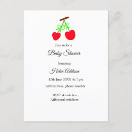 赤いさくらんぼの緑の弓を追加QRベビーシャワー 案内ポストカード