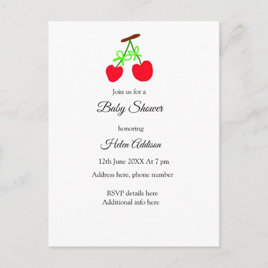 赤いさくらんぼの緑の弓を追加QRベビーシャワー 案内ポストカード (正面)