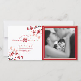 赤いさくらんぼの花が二倍の幸せ結婚写真 案内状