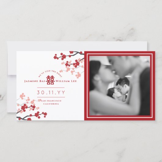 赤いさくらんぼの花が二倍の幸せ結婚写真 案内状 (正面)
