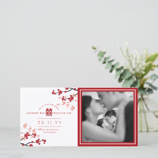 赤いさくらんぼの花が二倍の幸せ結婚写真 案内状 (スタンド正面)