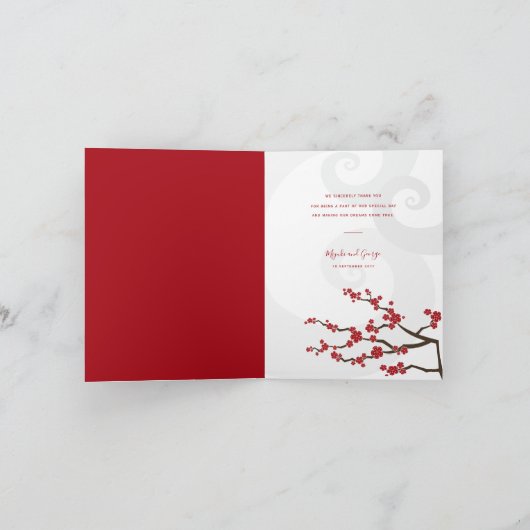赤いさくらんぼの花とスパイラル2フォトアジア結婚ーズ サンキューカード (内部)