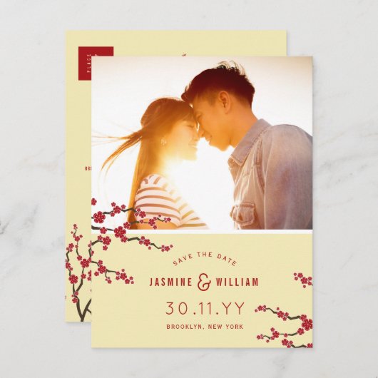 赤いさくらんぼの花の桜写真の日付を保存 案内ポストカード (正面/裏面)