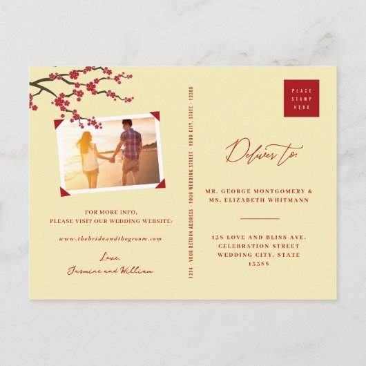 赤いさくらんぼの花の桜写真の日付を保存 案内ポストカード (裏面)