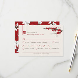 赤いさくらんぼの花桜がアジアの渦巻結婚き 出欠カード