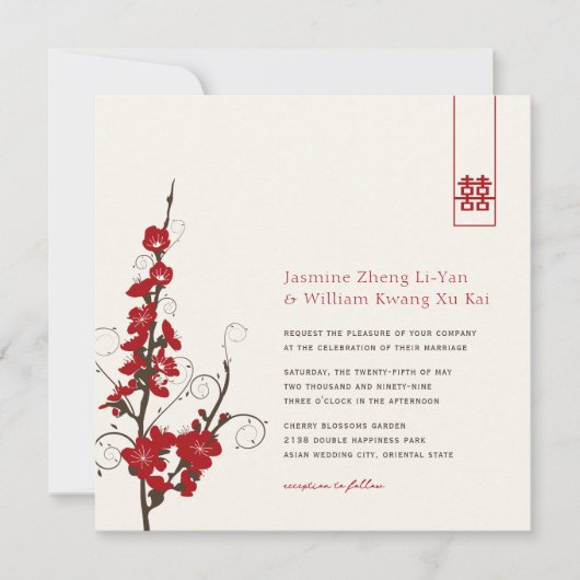 赤いさくらんぼの花桜がアジアの渦巻結婚き 招待状 (正面)