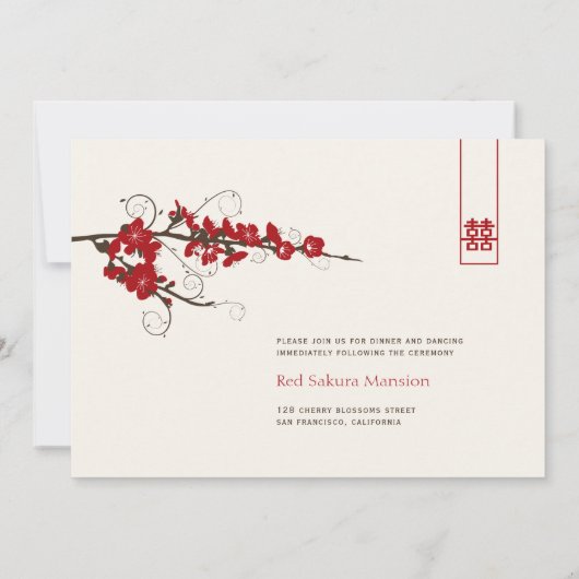 赤いさくらんぼの花桜がアジアの渦巻結婚き 招待状 (裏面)