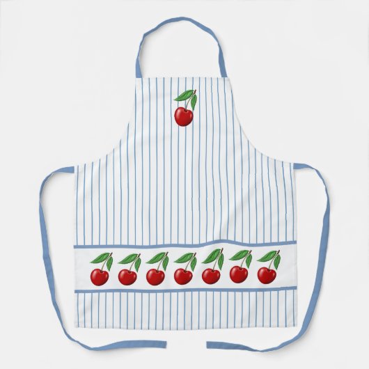 赤いさくらんぼの青ストライプいグラフィックパターン エプロン (正面)