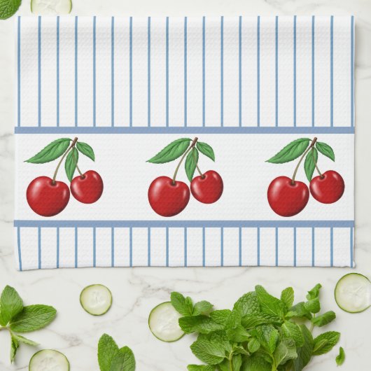 赤いさくらんぼの青ストライプいグラフィックパターン キッチンタオル (折り畳み)