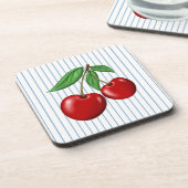 赤いさくらんぼの青ストライプいグラフィックパターン コースター (左側)