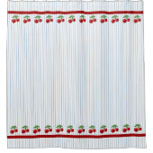 赤いさくらんぼの青ストライプいグラフィックパターン シャワーカーテン (正面)