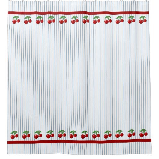 赤いさくらんぼの青ストライプいグラフィックパターン シャワーカーテン (正面)