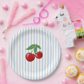 赤いさくらんぼの青ストライプいグラフィックパターン ペーパープレート (パーティー)