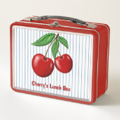 赤いさくらんぼの青ストライプいグラフィックパターン メタルランチボックス (正面)