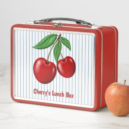 赤いさくらんぼの青ストライプいグラフィックパターン メタルランチボックス
