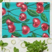 赤いさくらんぼオンターコイズ キッチンタオル (折り畳み)