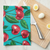 赤いさくらんぼオンターコイズ キッチンタオル (四つ折り)