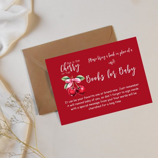 赤いさくらんぼオントップバウ赤ちゃんシャワー予約リクエスト エンクロージャーカード